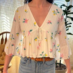Floral V-Neck Blouse - White with Pink and Yellow Accents